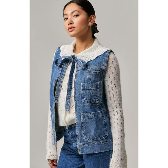 NWT Damson Madder Milly Tie Front Denim Vest Vintage Blue Jean Size US 16/UK 20 - Picture 1 of 13